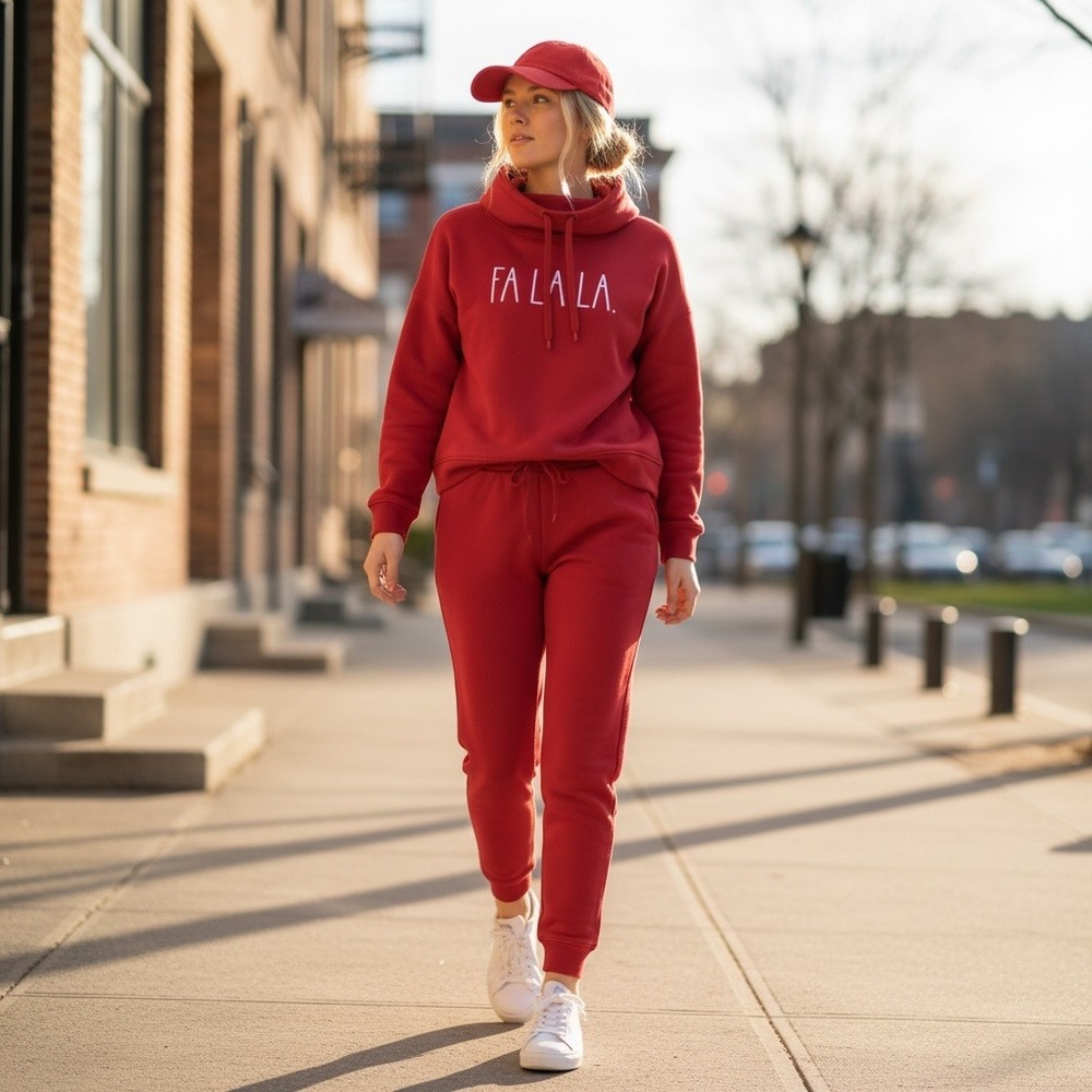 Rae Dunn Women Red FA LA LA Cowl Neck Sweatshirt & Joggers Lounge Set XL #332P